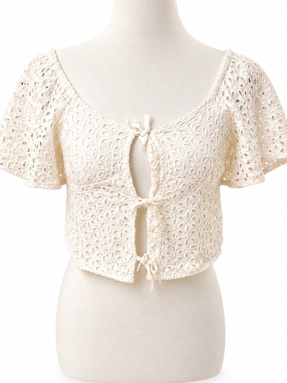 Zara White Eyelet Tie Front Crop Top Boho Cottagecore Blouse M - 100% Cotton